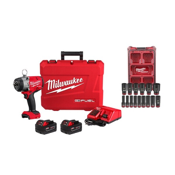Milwaukee Tool M18 FUEL 1/2" HTIW + SAE Socket Set 2966-22, 49-66-6802 - main