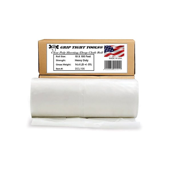 Grip Tight Tools Clear Poly Sheeting, Drop Cloth Roll 10' x 100', 6 Mil Extra Heavy Duty DCL106 - main