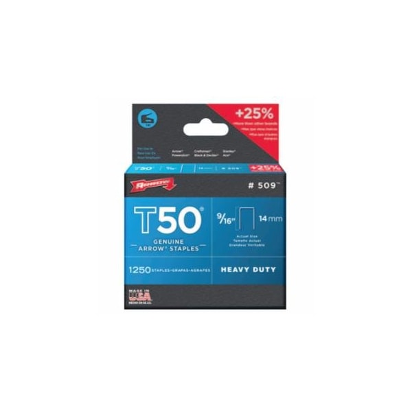 Arrow Fastener T50 Type Staple, #509, 9/16 in L x 3/8 in W, 1,250/PK, 4PK 091-509 - main
