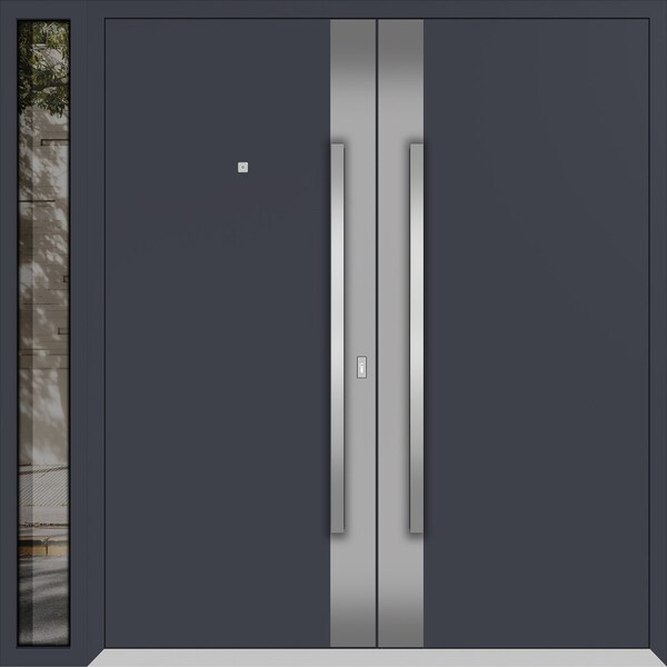 Vdomdoors Metal Double Doors Deux 0729 Gray Graphite Stainless Steel insert 1 Sidelight Entry Modern Painted DEUX0729DEXD-GRE-W72+12xH96-LH-O - main