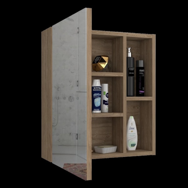 Homeroots 18" Natural Wood Floating Single Door Bathroom Vanity And Medicine Cabinet With Mirror 543572 - main