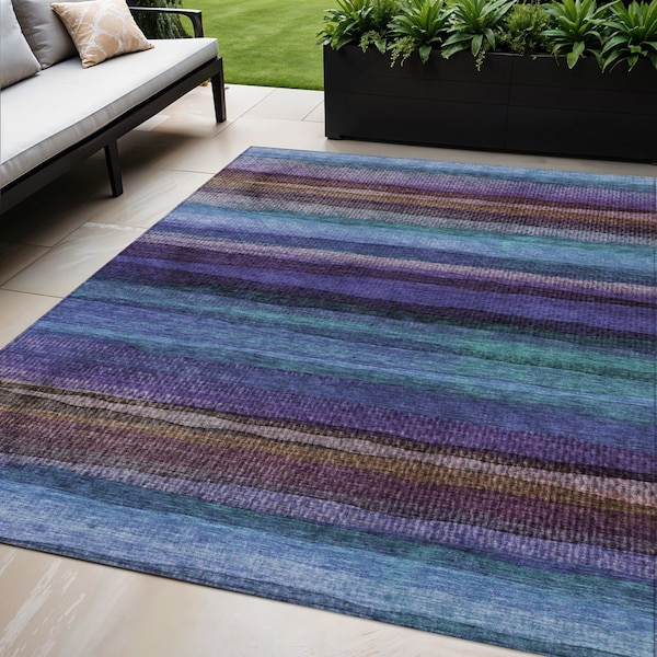 Homeroots 5' X 8' Blue Purple And Taupe Striped Washable Indoor Outdoor Area Rug 631204 - main