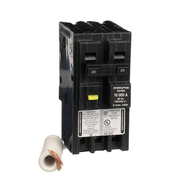 Square D Homeline Miniature Circuit Breaker, GFCI, 20 A, 2-Pole, 120/240 V, Plug-In Mounting HOM220GFIC - main