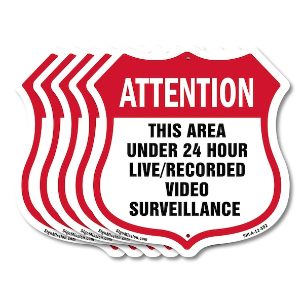 Signmission 24 Hour Surveillance Shield Sign Attenti, 12 inch X 12 inch, Aluminum Metal Sign, 5PK SHI-A-5Pack-12-352 - main