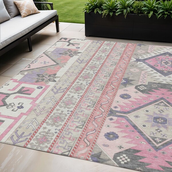 Homeroots 5' X 8' Pink Gray And Ivory Aztec Washable Indoor Outdoor Area Rug 598491 - main