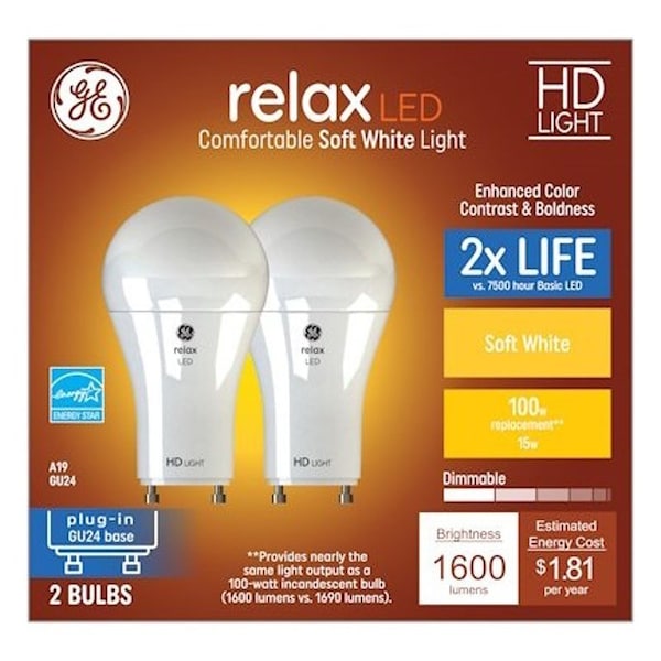 Ge LED Bulb, A19 Lamp, 100 W Equivalent, GU24 Lamp Base, Dimmable, PK2 93129020 - main
