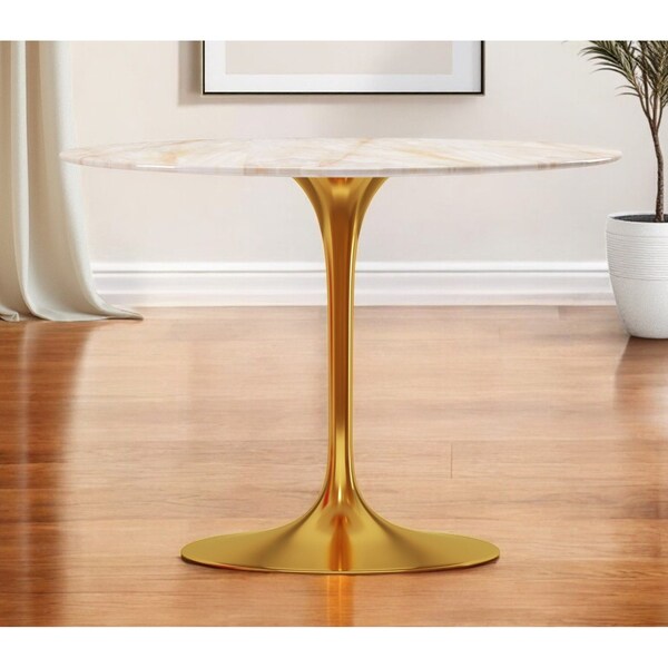 Homeroots 40" White And Gold Rounded Stone And Metal Pedestal Base Dining Table 520848 - main