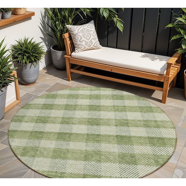 Homeroots 8' Green And Light Green Round Plaid Washable Indoor Outdoor Area Rug 595477 - main