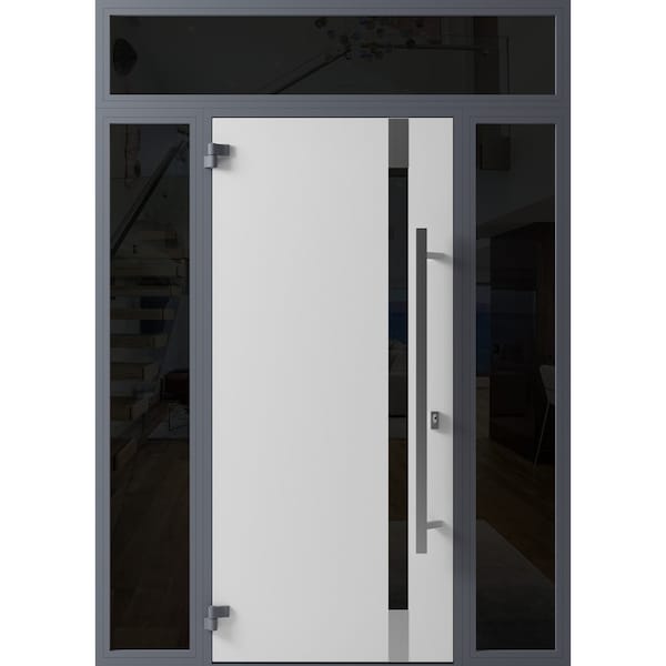 Vdomdoors Front Exterior Prehung Steel Door Ronex1011 Grey 2 Sidelight and Transom Window Sidelite Stainless RONEX1011EXD-GRE-W16+36+16 X H80+16-RH-I - main