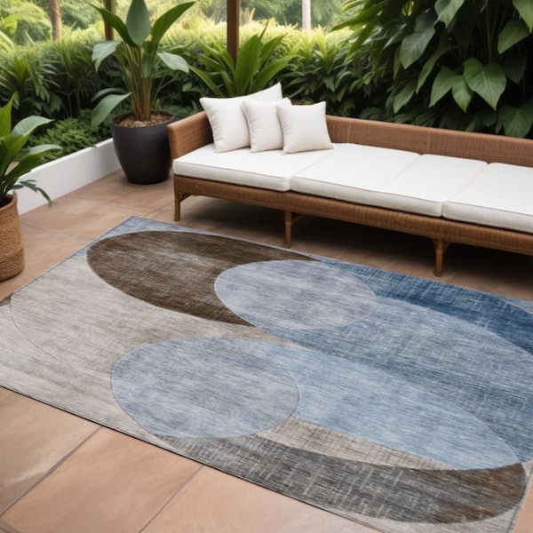 Homeroots 8' X 10' Denim Blue Brown And Beige Geometric Washable Indoor Outdoor Area Rug 604908 - main