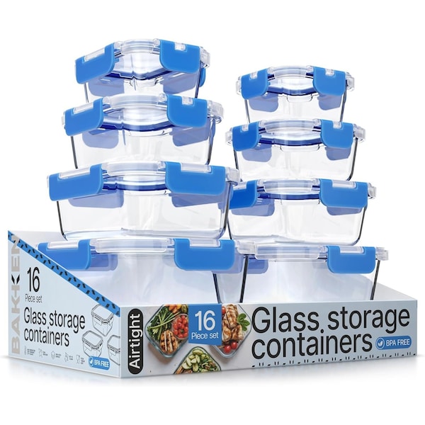 Bakkenmaster Borosilicate Glass Food Storage Containers with Lids, BPA-Free, Airtight and Leak-Proof, Blue, 16PK EMPGFCL448BU - main