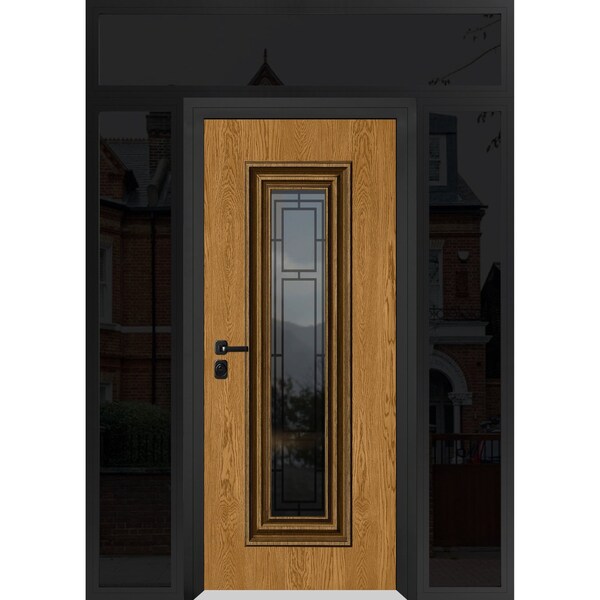 Vdomdoors Steel Door Ballucio 6644 Natural Oak Black 2 Side and Top Exterior Window Sidelite Entry Door Paint BALLUCIO6644EXD-OAKB-W12+36+12xH80+16-RH-I - main