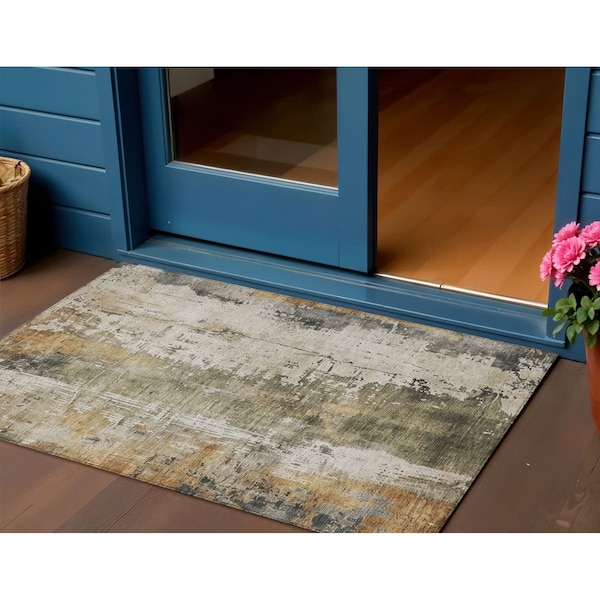 Homeroots 3' X 5' Olive Green And Ivory Abstract Washable Indoor Outdoor Area Rug 616178 - main