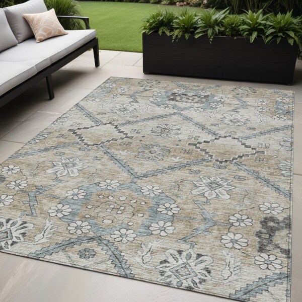 Homeroots 5' X 8' Beige Taupe And Tan Floral Washable Indoor Outdoor Area Rug 588859 - main