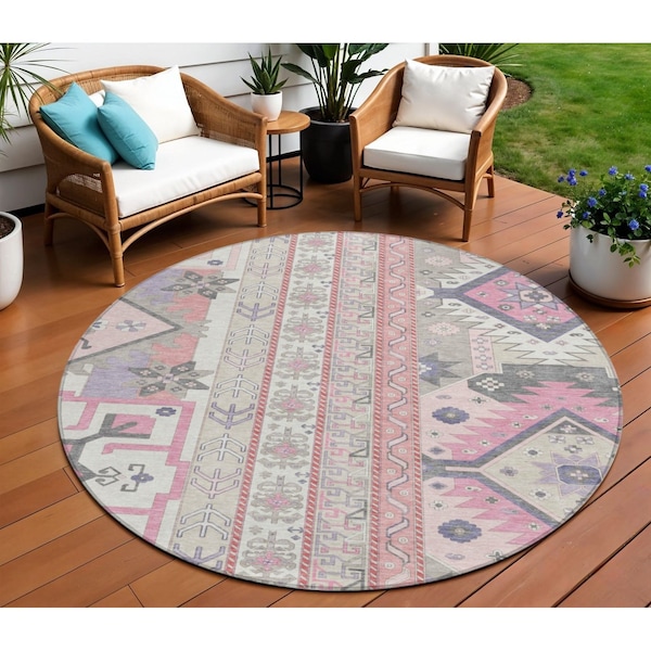 Homeroots 8' Pink Gray And Ivory Round Aztec Washable Indoor Outdoor Area Rug 598492 - main