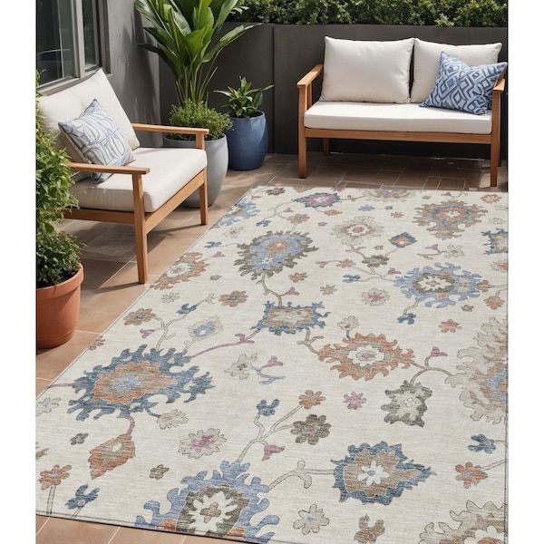 Homeroots 5' X 8' Ivory Brown And Blue Floral Washable Indoor Outdoor Area Rug 606159 - main