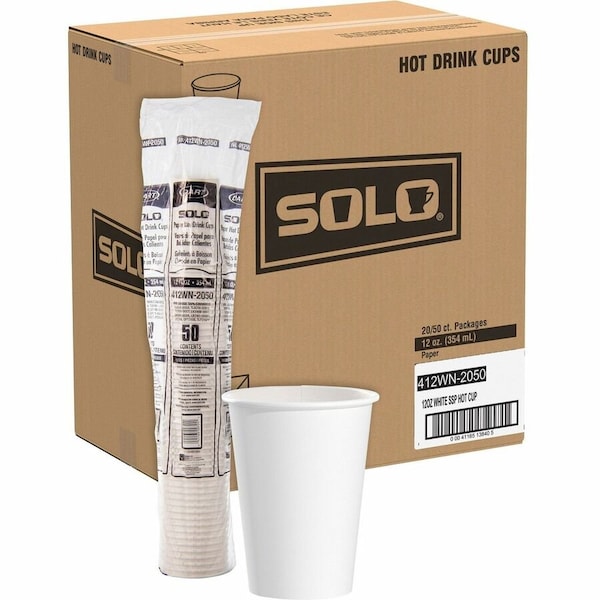 Solo Single-Sided Poly Paper Hot Cups, 12 oz, White, PK1000 412WN-2050 - main
