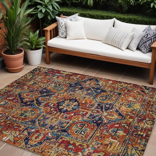 Homeroots 8' X 10' Red Orange And Blue Oriental Washable Indoor Outdoor Area Rug 563787 - main