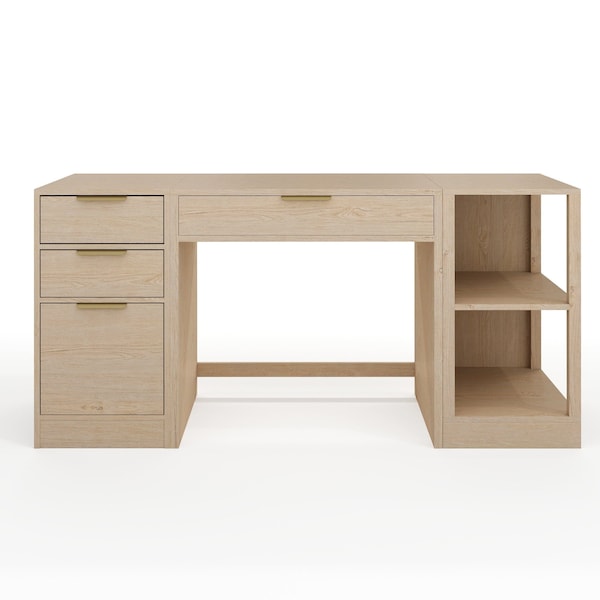 Martha Stewart Kayden Single-Drawer Desk w/2 Tier Shelf and 3 Drawer File Cabinet in Light Natural w/Gold Hardware KHO-23042-TBSFFC-LNT-GLD-MS - main