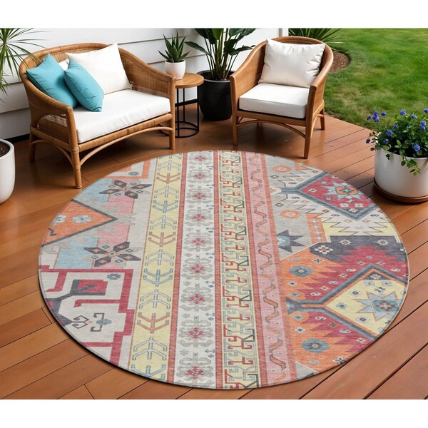 Homeroots 8' Linen Pink And Yellow Round Aztec Washable Indoor Outdoor Area Rug 598474 - main