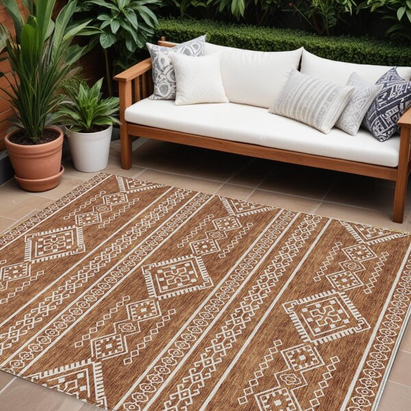Homeroots 10' X 14' Orange And Ivory Southwestern Washable Indoor Outdoor Area Rug 593713 - main