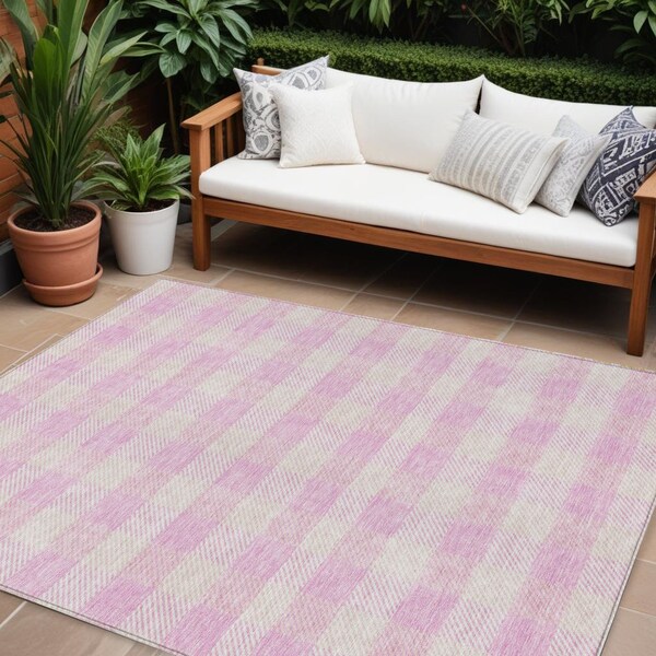 Homeroots 10' X 14' Pink And Gray Plaid Washable Indoor Outdoor Area Rug 595510 - main