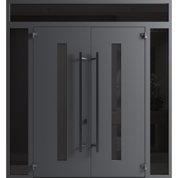 Vdomdoors Front Exterior Prehung Aluminum Double Doors Ronex0130 Grey 2 Sidelights and Top Transom Mirrored RONEX0130DEXD-GRE-W14+72+14xH96+14-LH-I - main