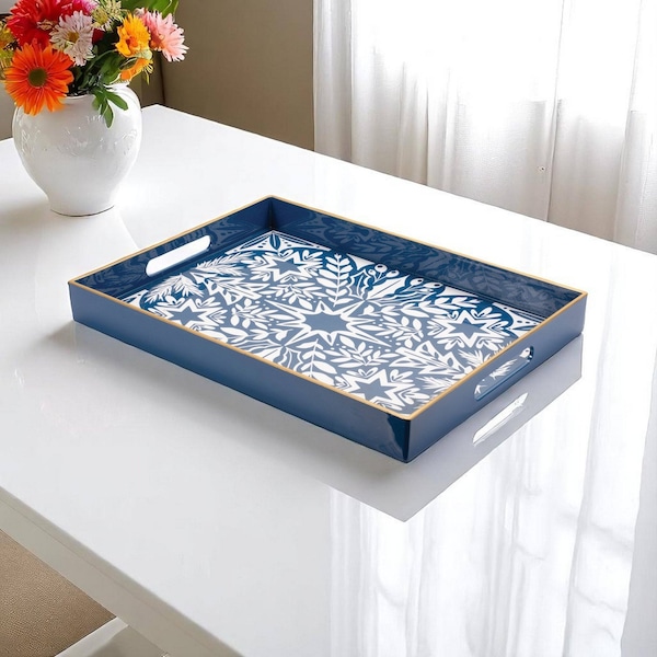 Homeroots 16" Blue And White Geometric Star And Trees Serving Tray With Handles 634487 - main
