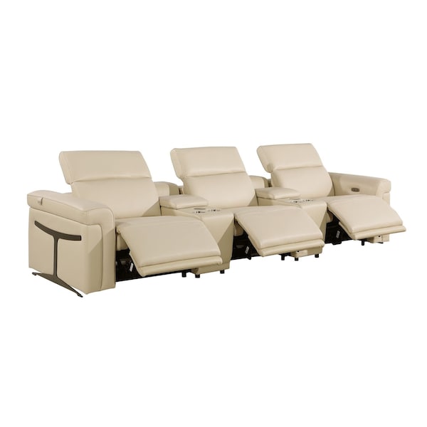 Homeroots 126" Beige Top Grain Leather Reclining Metal USB Sofa 720363 - main