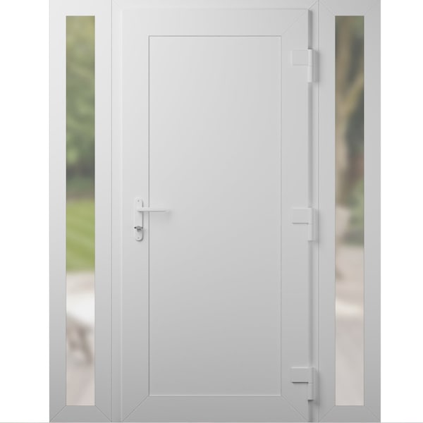 Vdomdoors Front Exterior Prehung Metal-Plastic Door, Manux 8111 White Silk, 2 Side Sidelite Transoms, Office MANUX8111EXD-WS-W14+36+14xH80-LH - main