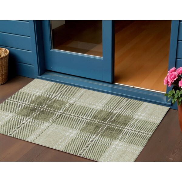 Homeroots 3' X 5' Artichoke Green Brown And Ivory Plaid Washable Indoor Outdoor Area Rug 596303 - main