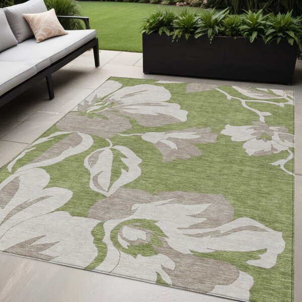 Homeroots 5' X 8' Olive Green Taupe And Beige Floral Washable Indoor Outdoor Area Rug 589561 - main