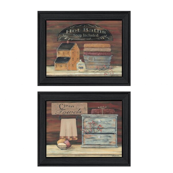 Homeroots Set Of Two Hot Bath or Clean Towels Black Framed Print Bathroom Wall Art, 2PK 405977 - main