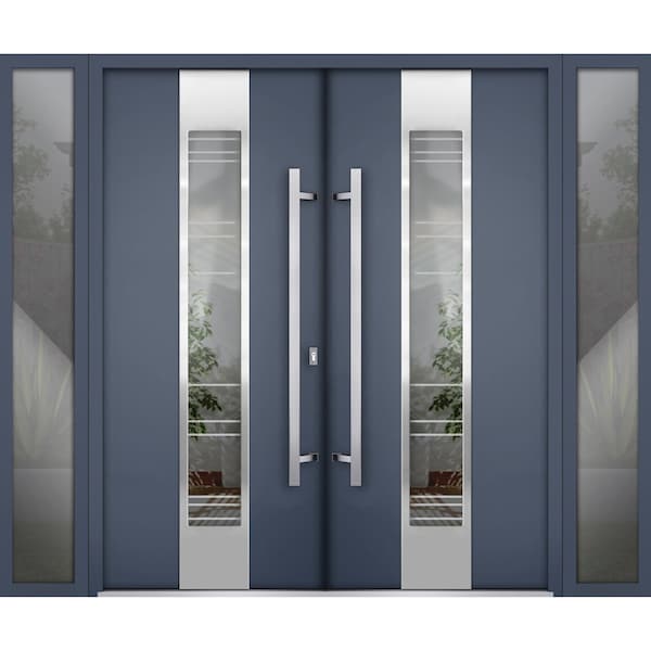 Vdomdoors Steel Double Doors Deux 5755 Gray Graphite 2 Sidelight Exterior Windows Stainless Inserts Single Mo DEUX5755DEXD-GRE-RH-W12+72+12 x H80 - main
