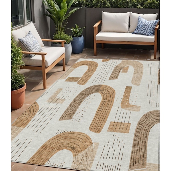 Homeroots 5' X 8' Ivory Khaki And Beige Geometric Washable Indoor Outdoor Area Rug 618101 - main