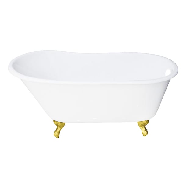 Kingston Brass 53" Cast Iron Oval Single Slipper Clawfoot Tub, No Faucet Drillings, White/Polished Brass VCTND5328NT2 - main