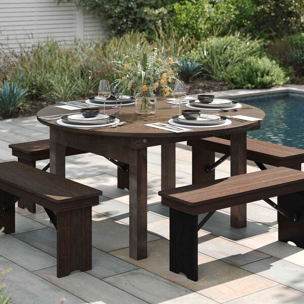 Flash Furniture HERCULES 60 in. Round Mahogany Commercial Farmhouse Folding Table, Antique Rustic Solid Pine XA-F-60-RD-MG-GG - main