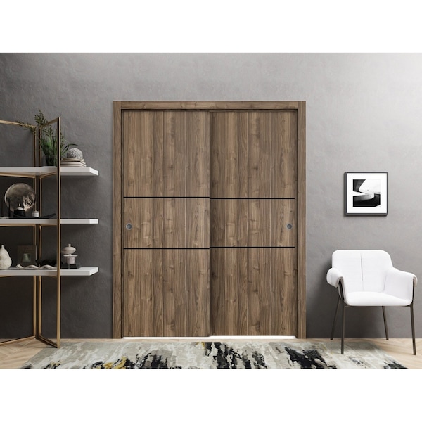 Sartodoors Sliding Closet Bypass Doors, Planum 0014 Walnut and Aluminum Strips, Sturdy Rails Moldings Trims Ha PLANUM0014DBD-WLN-6496 - main
