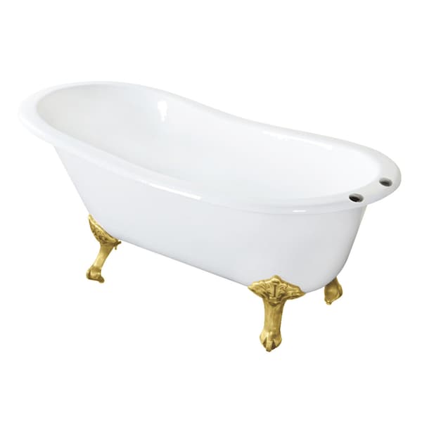 Kingston Brass 61" Cast Iron Oval Single Slipper Clawfoot Tub, 7" Faucet Drillings, White/Brushed Brass VCT7D653129B7 - main