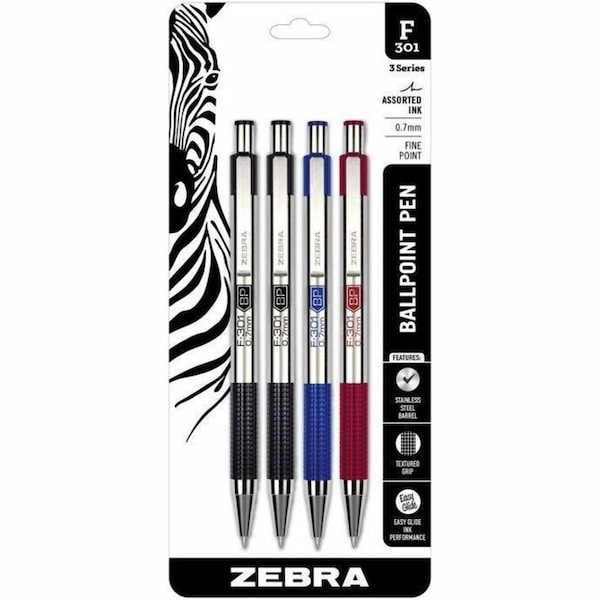 Zebra Pen F-301 Retractable Ballpoint 0.7mm Assorted 4pk 27104 - main