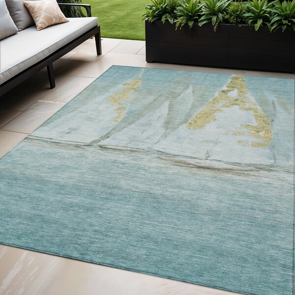 Homeroots 5' X 8' Teal Blue And Gold Nautical Washable Indoor Outdoor Area Rug 631042 - main