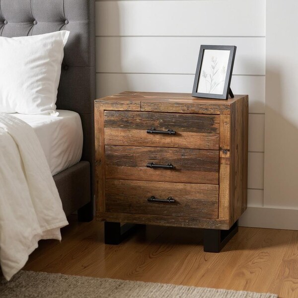 Homeroots 30" Dark Brown Solid Wood Distressed Three Drawer Nightstand 521225 - main