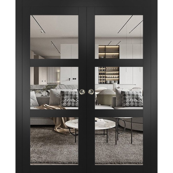 Sartodoors Sliding French Double Pocket Doors, Lucia 2555 Matte Black with Clear Glass, Kit Trims Rail Hardwa LUCIA2555DP-BLK-6484 - main