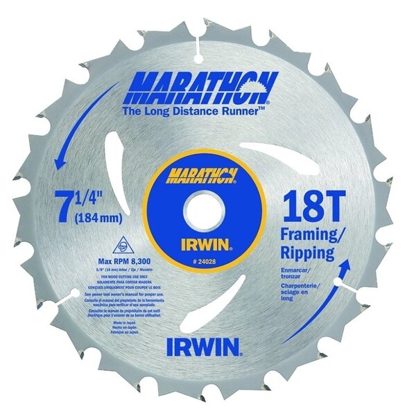Irwin MARATHON Circular Saw Blade, 714 in Dia, 58 in Arbor, 18Teeth, Carbide Cutting Edge 24028 - main