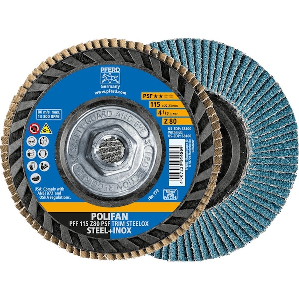 Pferd 4-1/2'' x 5/8-11 Thd. POLIFAN Flap Disc - Z PSF TRIM STEELOX, Zirconia, 80 Grit, Flat 68160 - main