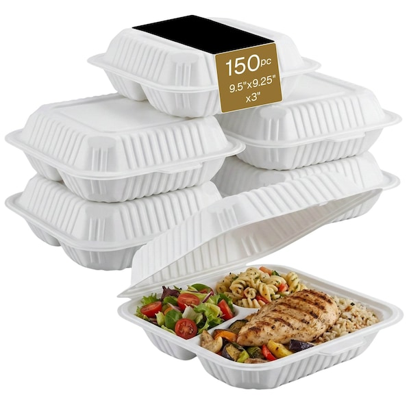 Eco Harmony Products Clamshell Hinged Food Storage Container, MFPP, Center Slide, 3 compartments, 9.5" x 9.25", 150PK 804603 - main