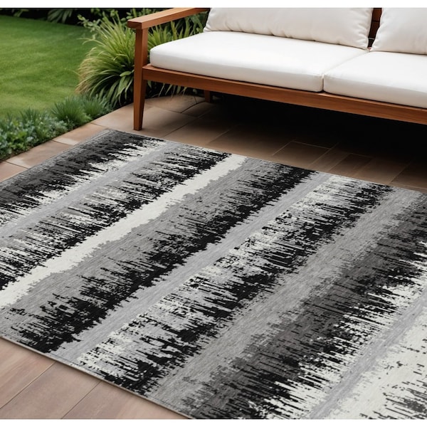 Homeroots 8' X 10' Black Gray And Ivory Striped Washable Indoor Outdoor Area Rug 598319 - main