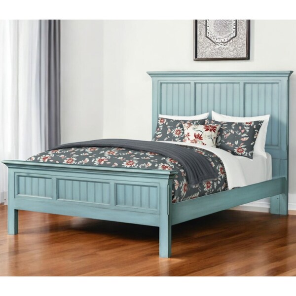 Homeroots Blue Carved Geometric Distressed Solid Wood King Bed Frame 571386 - main