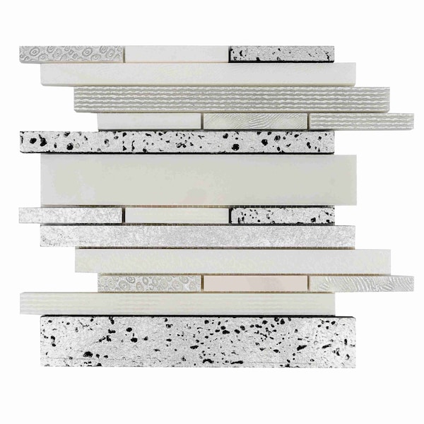 Apollo Tile Artisana 12x12 in. White Silver Polished, Textured, Foiled Stone Linear Stack Mosaic Tile, 5PK APLBST8801A - main