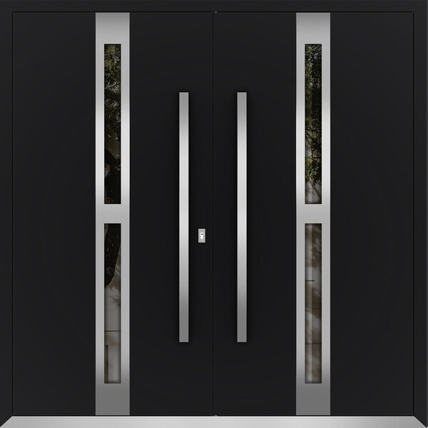 Vdomdoors Metal Double Doors Deux 1755 Black Enamel Opaque Black Glass Top Transom Entry Modern Painted (W72x DEUX1755DEXD-BLK-W72xH80-RH-I - main